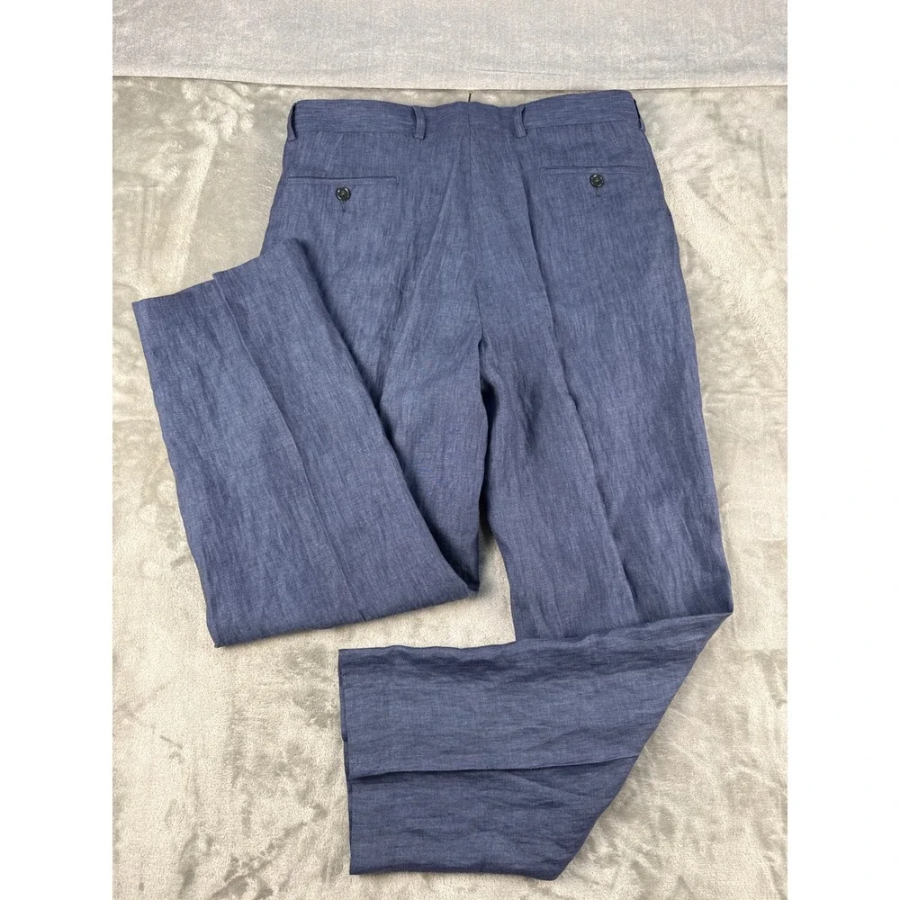 Savile Row Co Linen Trousers Mens 36x32 Blue Straight Leg Flat Front EUC
